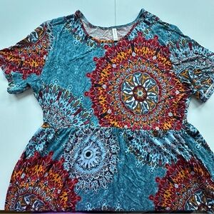 Poseshe colorful medallion‎ print short sleeve dress women’s 3x pockets & soft
